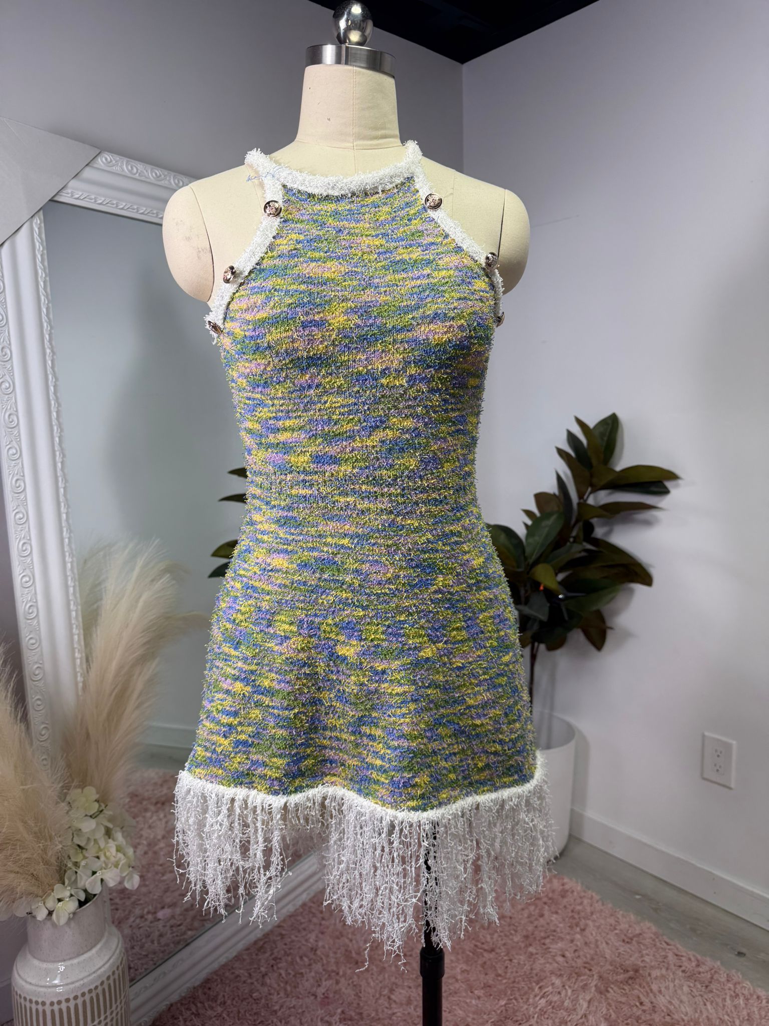 Bohemian Tweed Fringe Mini Dress