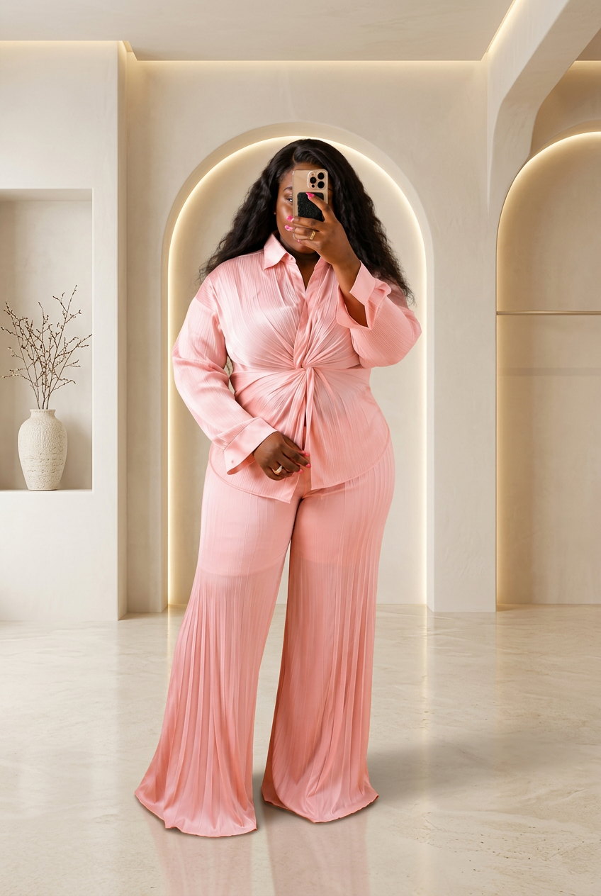Pink pleated knot-front shirt and wide-leg pant set – Pleated Knot Two-Piece Set by House of TML