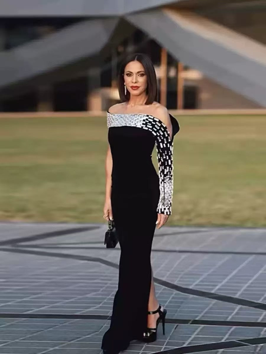 Phima Silver Off Shoulder Neck Dinner Dress