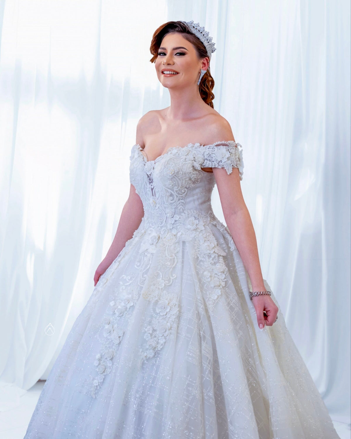 Eli Flowered Ball Dress – white flowered ball dress with glitter, view 2 of 11