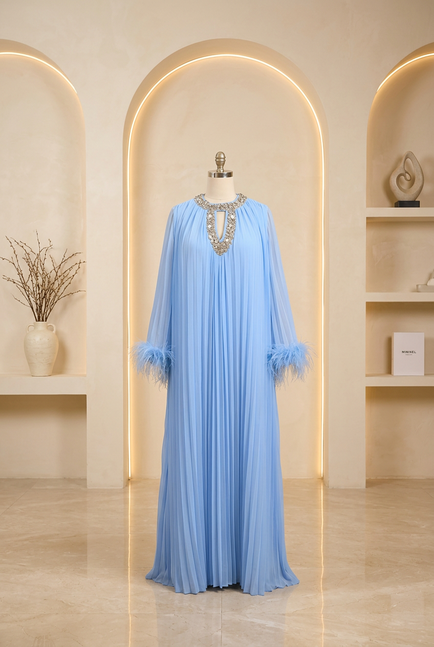 Pleated Embellished Gown – blue pleated maxi gown with feather-trim sleeves, view 2 of 2