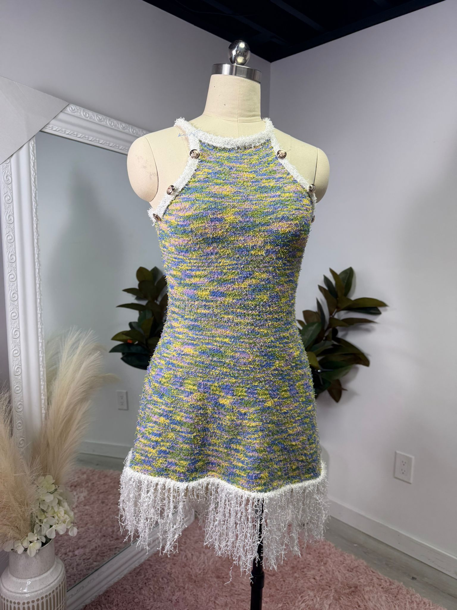 Bohemian Tweed Fringe Mini Dress