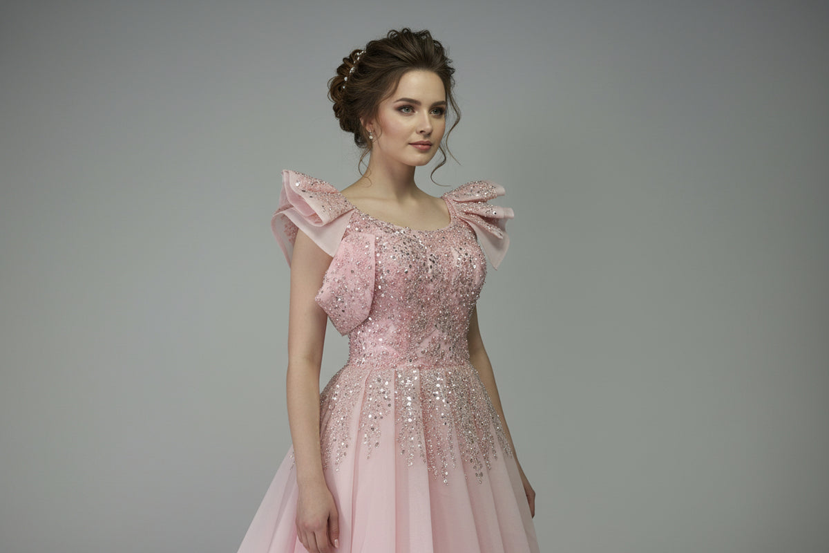 Pink Beaded Drape Ball Gown – custom pink beaded ball gown, view 2 of 4