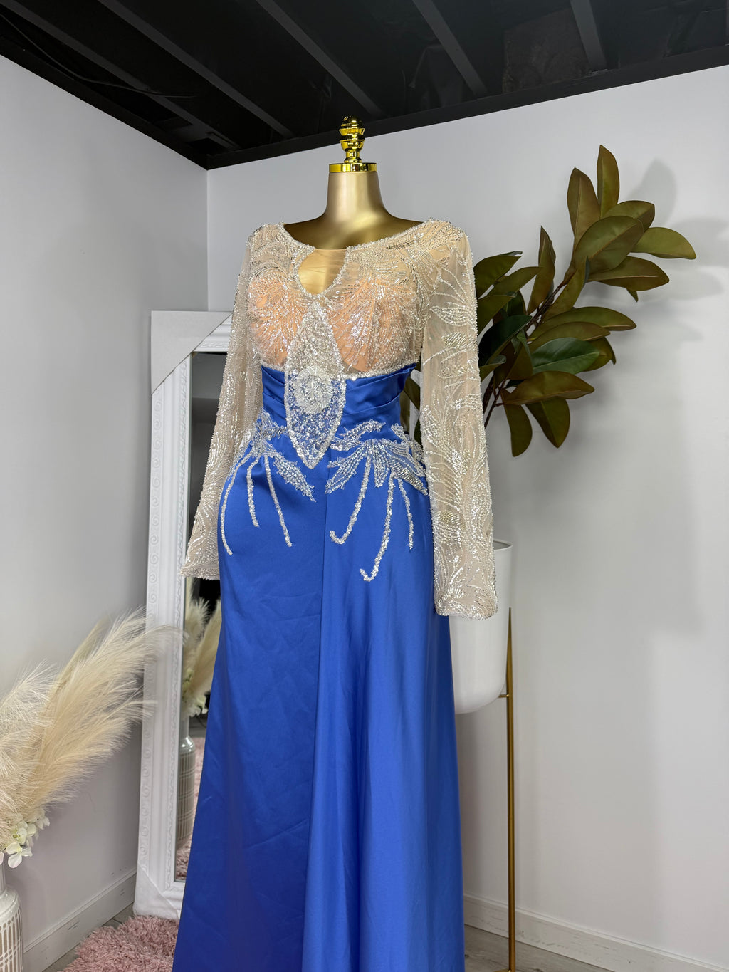 Blue Drape Dress Mesh Beaded Top