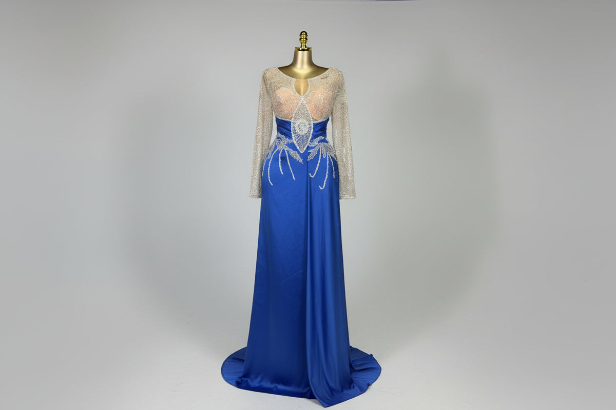 Blue Drape Dress with Beaded Mesh Top – custom blue drape dress with beaded mesh top, view 3 of 3