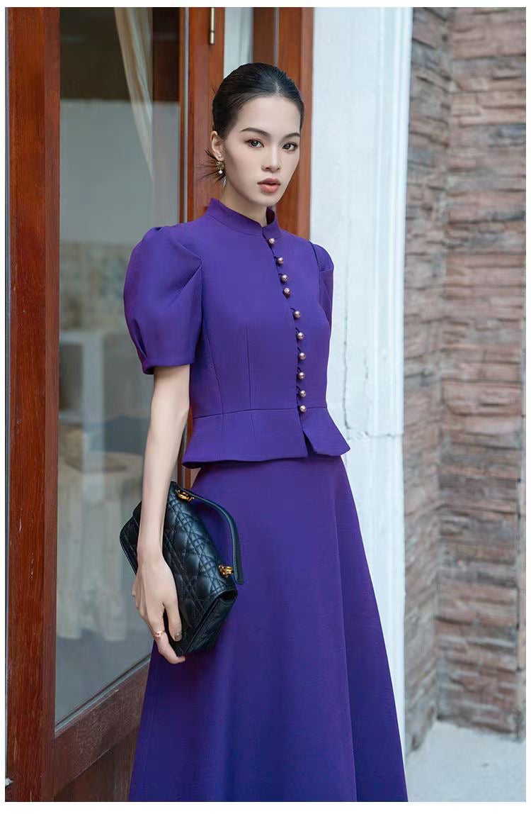 Purple Puff Sleeve Two-Piece Set – purple puff-sleeve top and A-line midi skirt, view 3 of 4