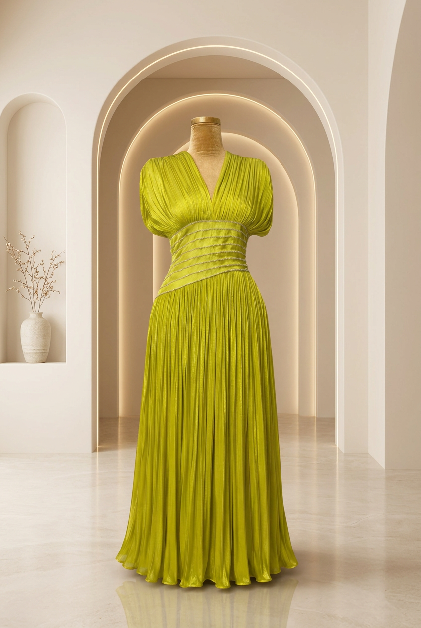 Lemon pleated empire maxi dress with V-neckline – Pleated Empire Maxi Dress by House of TML