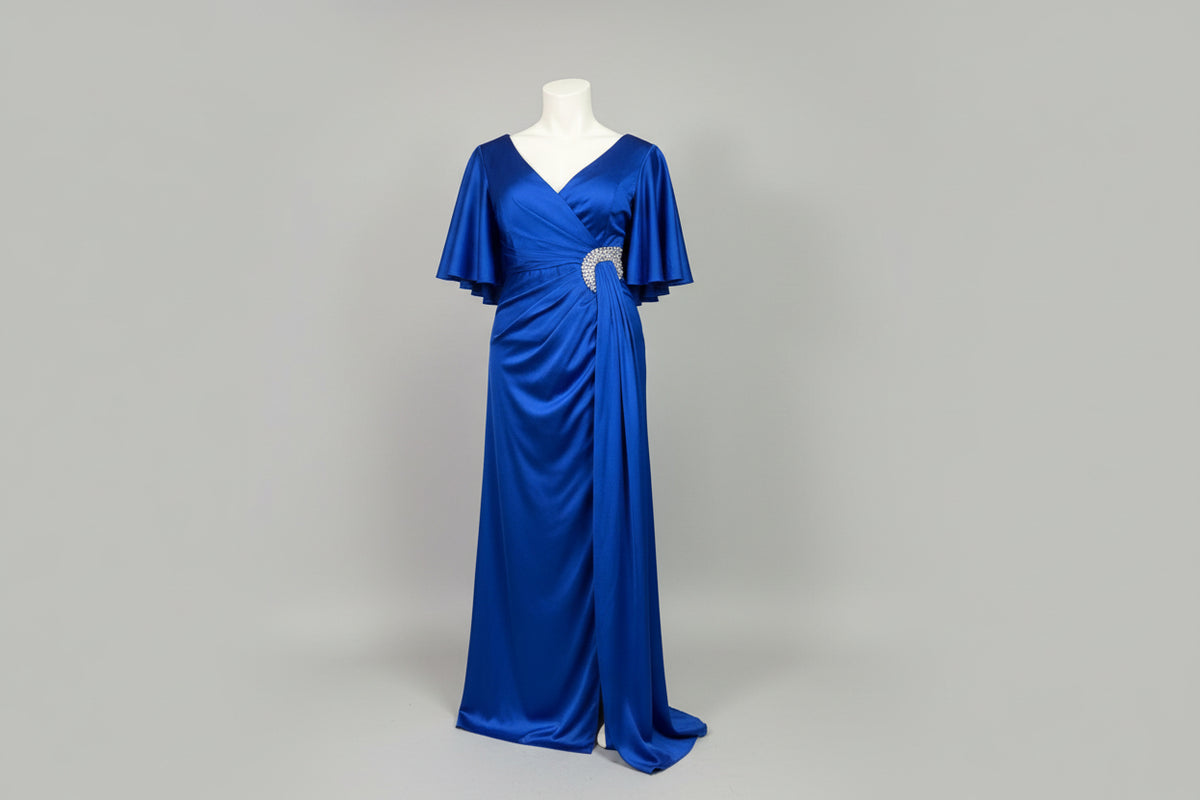 Royal Sapphire Draped Gown – royal blue satin draped evening gown, view 2 of 2
