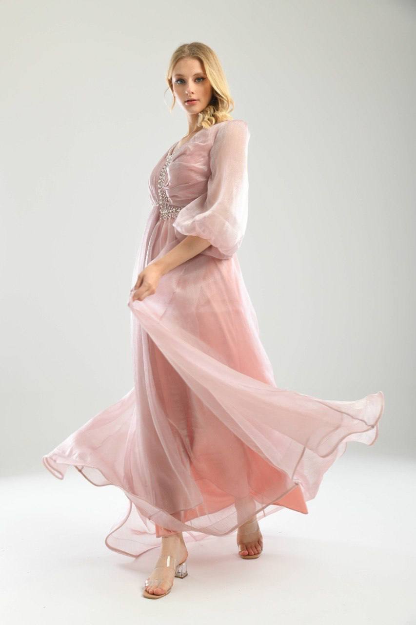 Amama Beaded Dinner Dress – flowing dinner dress with beaded bodice, view 3 of 4