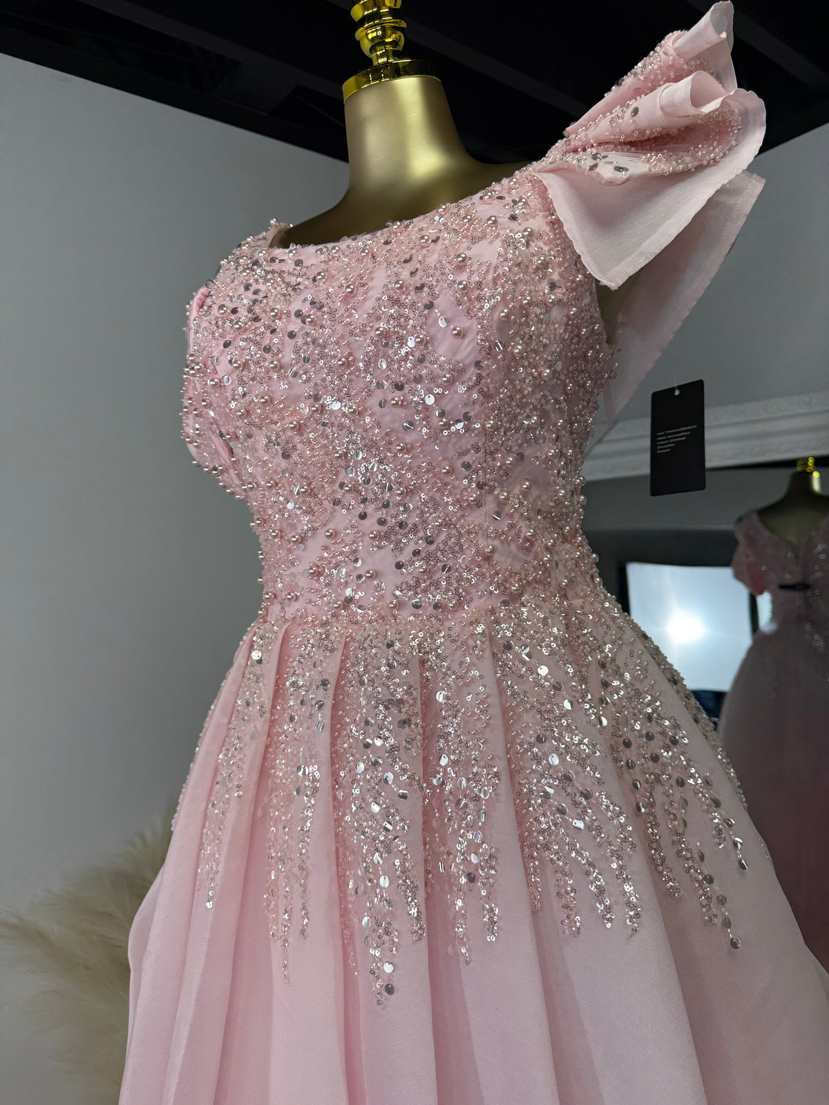 Pink Beaded Drape Ball Gown – custom pink beaded ball gown, view 4 of 4