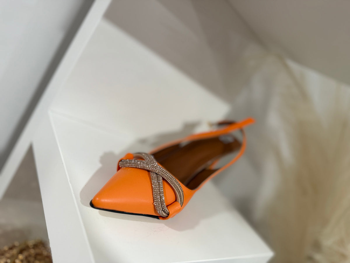 Orange Pointed Heels with Gold Cross Detail – orange pointed party heels with gold cross-cut detail, view 4 of 4