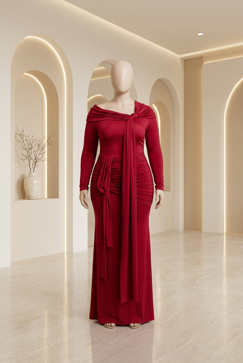 Red long-sleeve draped ruched maxi dress – Draped Ruched Maxi Dress by House of TML