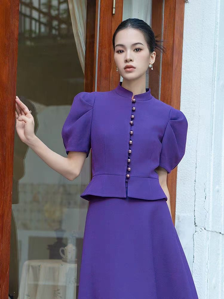 Purple Puff Sleeve Two-Piece Set – purple puff-sleeve top and A-line midi skirt, view 4 of 4