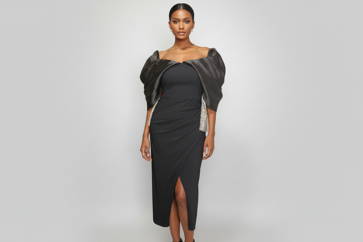 Black dinner dress with silver stone sleeves – Black Dinner Dress with Beaded Sleeves by House of TML