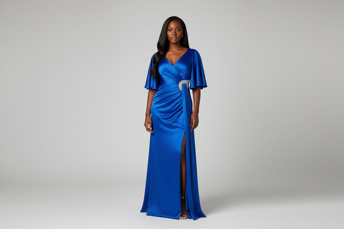 Royal blue satin draped evening gown – Royal Sapphire Draped Gown by House of TML