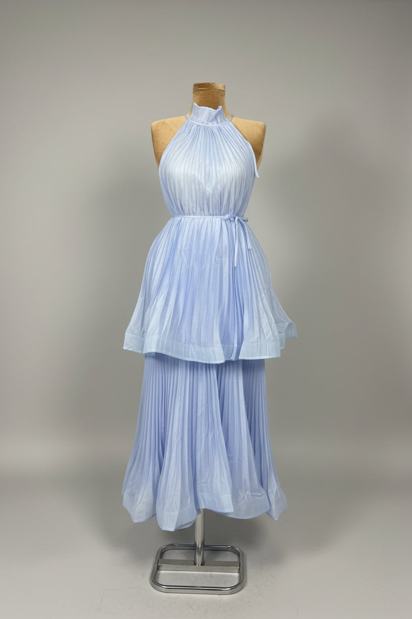 Scarlet Flame Pleated Halter Midi Dress