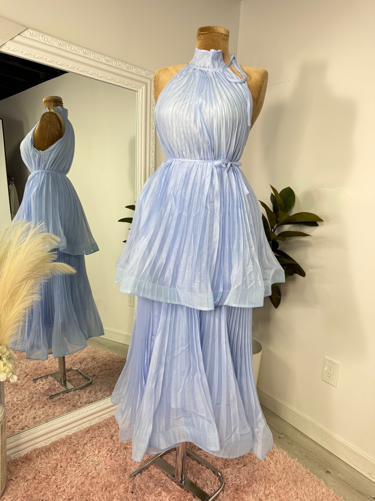 Scarlet Flame Pleated Halter Midi Dress