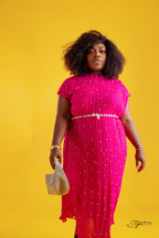 Pink Pleated Dress with White Beads – pink pleated dress with white bead dots, view 2 of 3