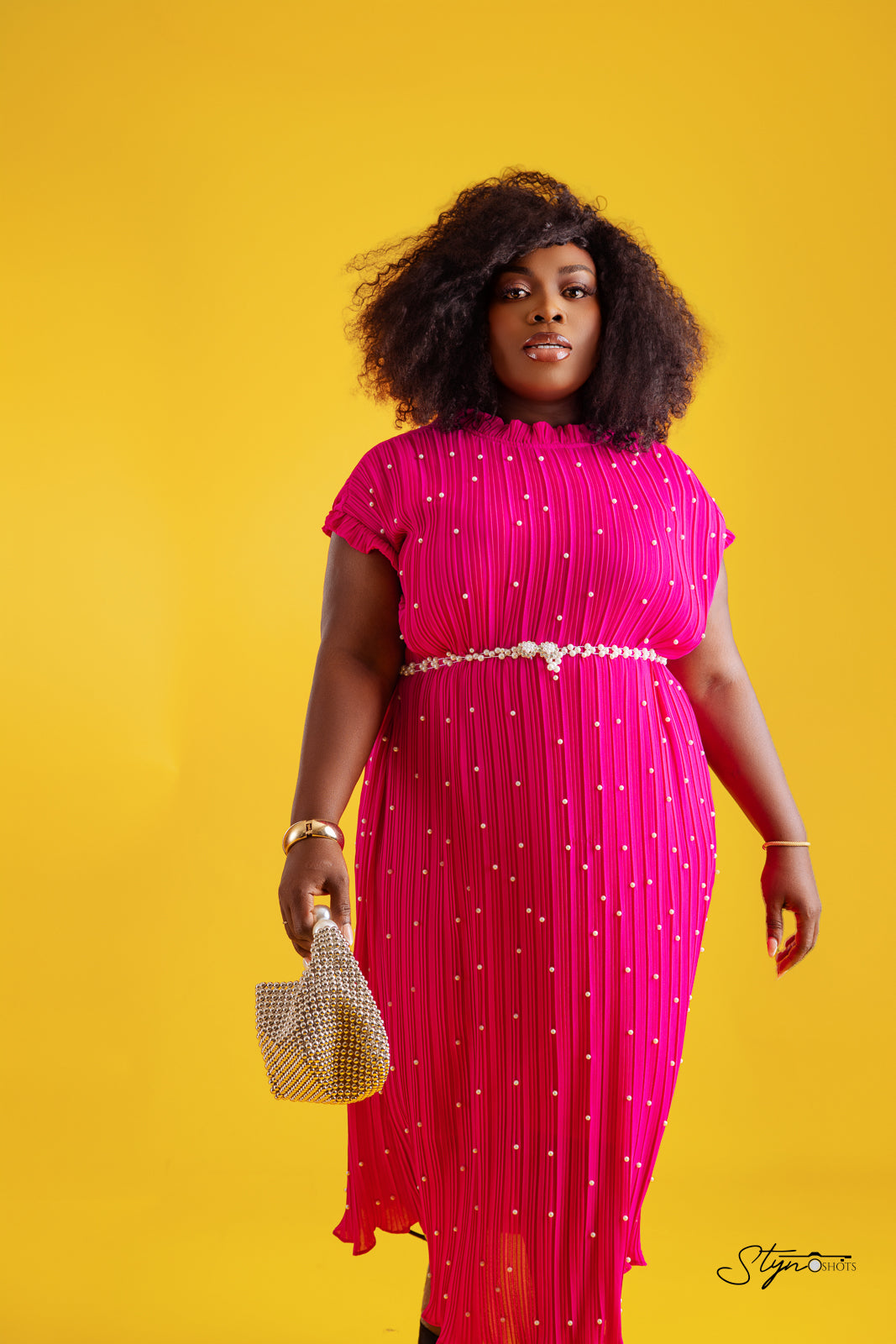 Pink Pleated Dress with White Beads – pink pleated dress with white bead dots, view 2 of 3