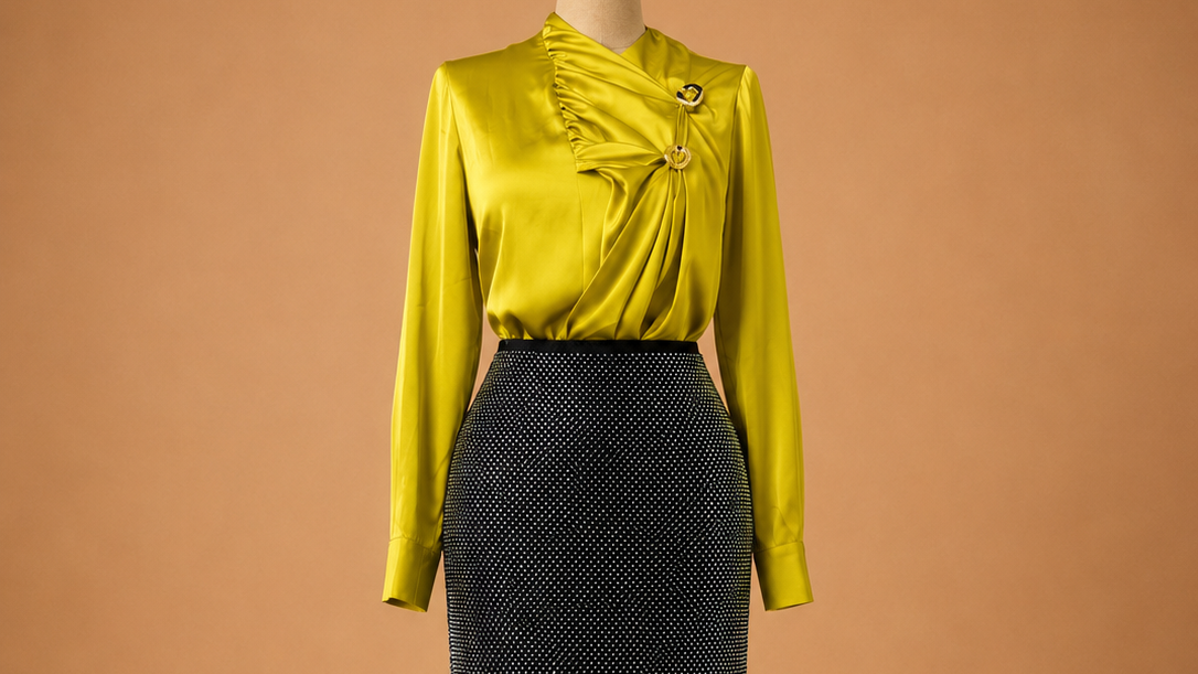 Yellow satin top with sparkling black midi skirt – Zain Satin Top and Skirt Set by House of TML