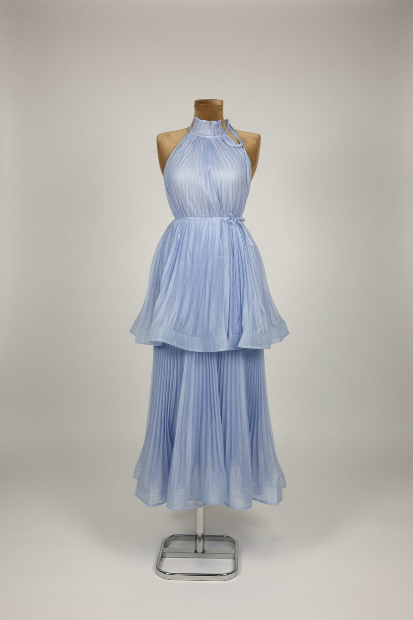 Scarlet Flame Pleated Halter Midi Dress