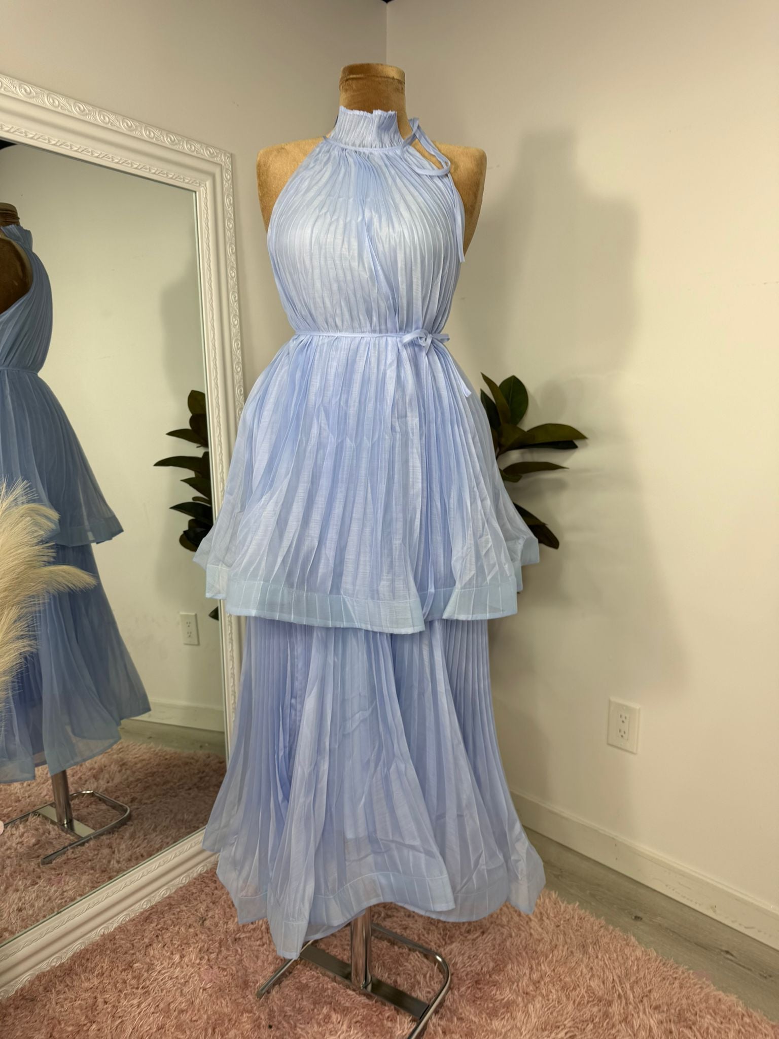 Scarlet Flame Pleated Halter Midi Dress