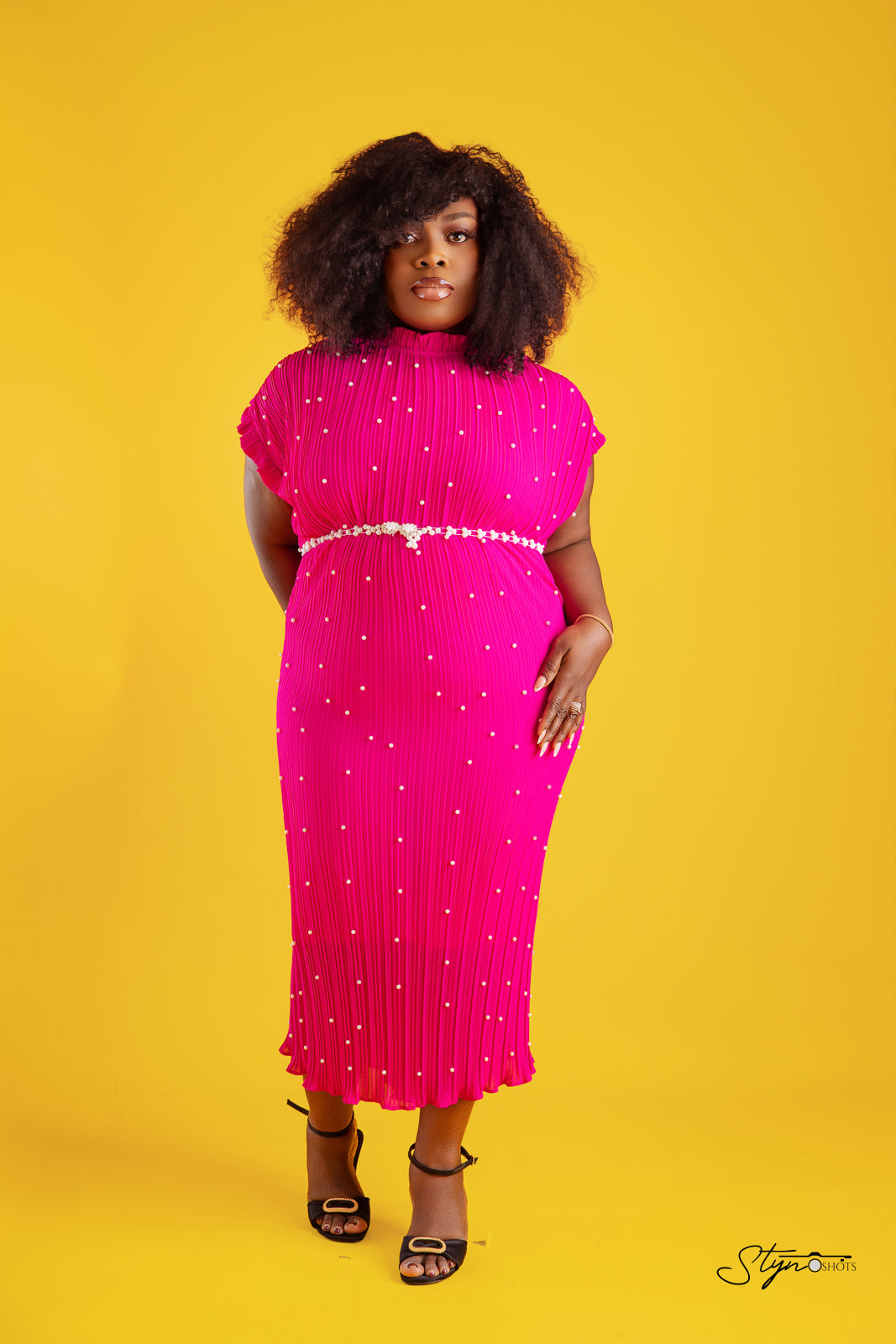 charming pink dress adorned with delightful white beads dots