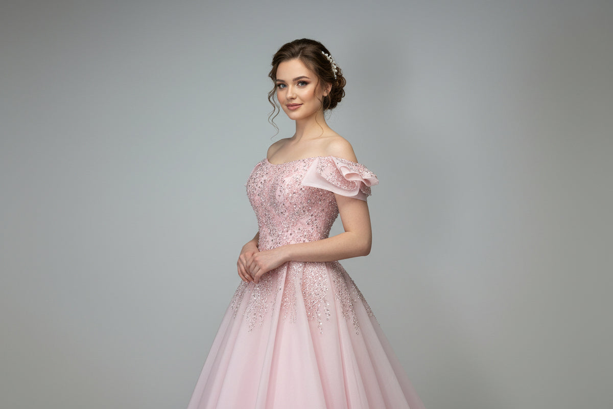 Custom pink beaded ball gown – Pink Beaded Drape Ball Gown by House of TML