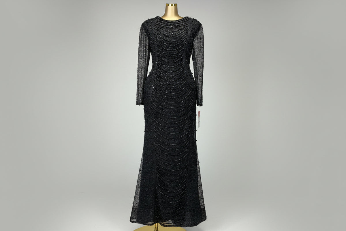 Black Hand-Beaded Custom Dress – black hand-beaded lace custom dress, view 2 of 2