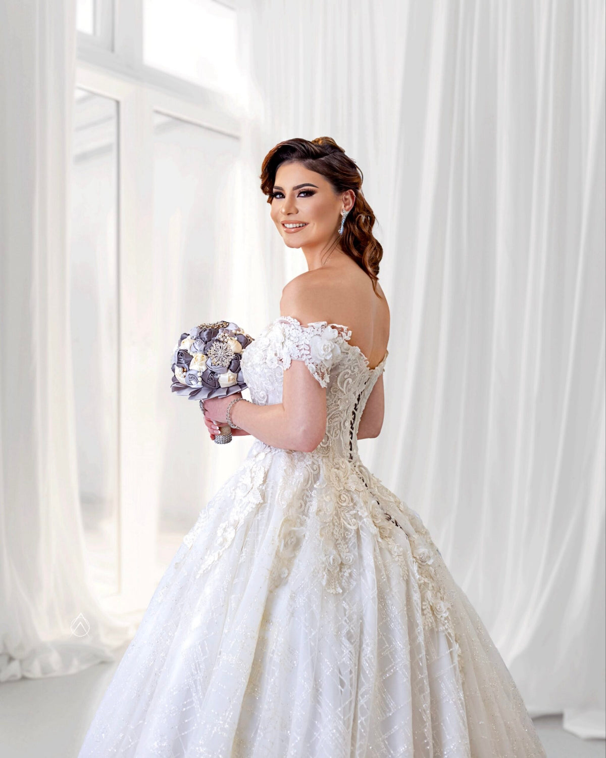 Eli Flowered Ball Dress – white flowered ball dress with glitter, view 5 of 11