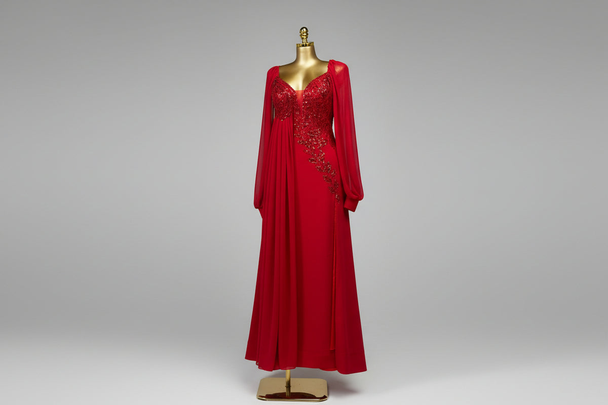 Red Beaded Drape Dress – red hand-beaded drape dress, view 3 of 3