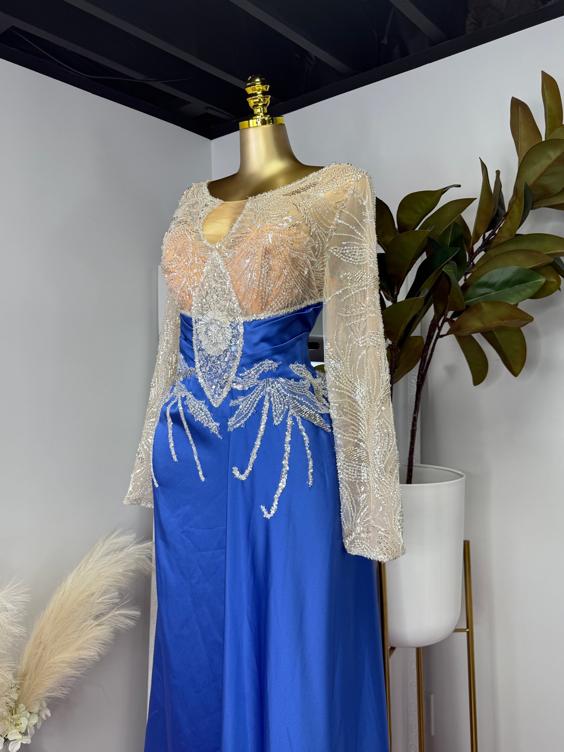 Blue Drape Dress Mesh Beaded Top