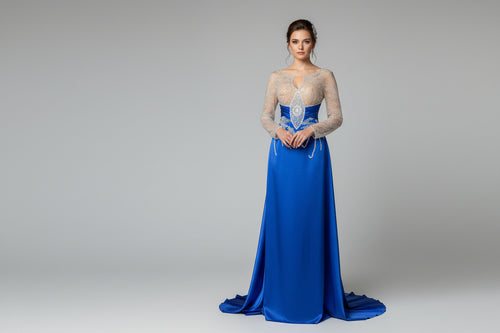 Custom blue drape dress with beaded mesh top – Blue Drape Dress with Beaded Mesh Top by House of TML