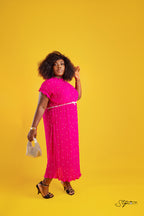 Pink Pleated Dress with White Beads – pink pleated dress with white bead dots, view 3 of 3