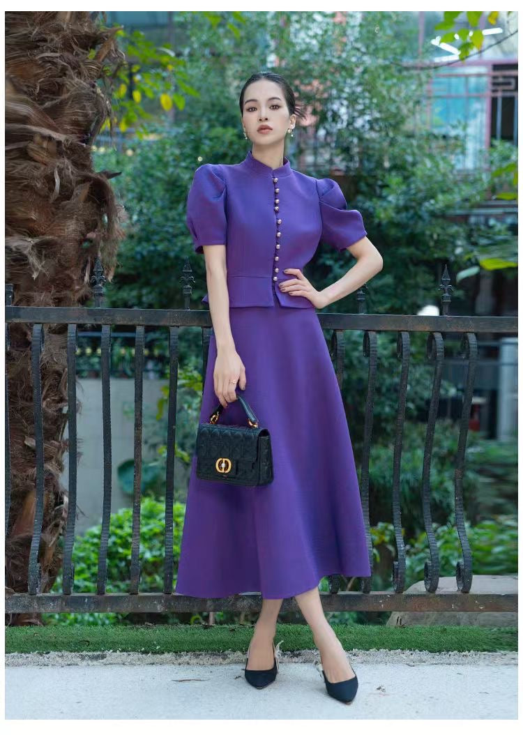 Purple Puff Sleeve Two-Piece Set – purple puff-sleeve top and A-line midi skirt, view 2 of 4