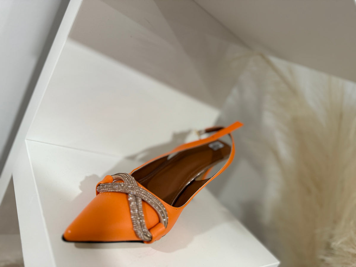 Orange Pointed Heels with Gold Cross Detail – orange pointed party heels with gold cross-cut detail, view 3 of 4