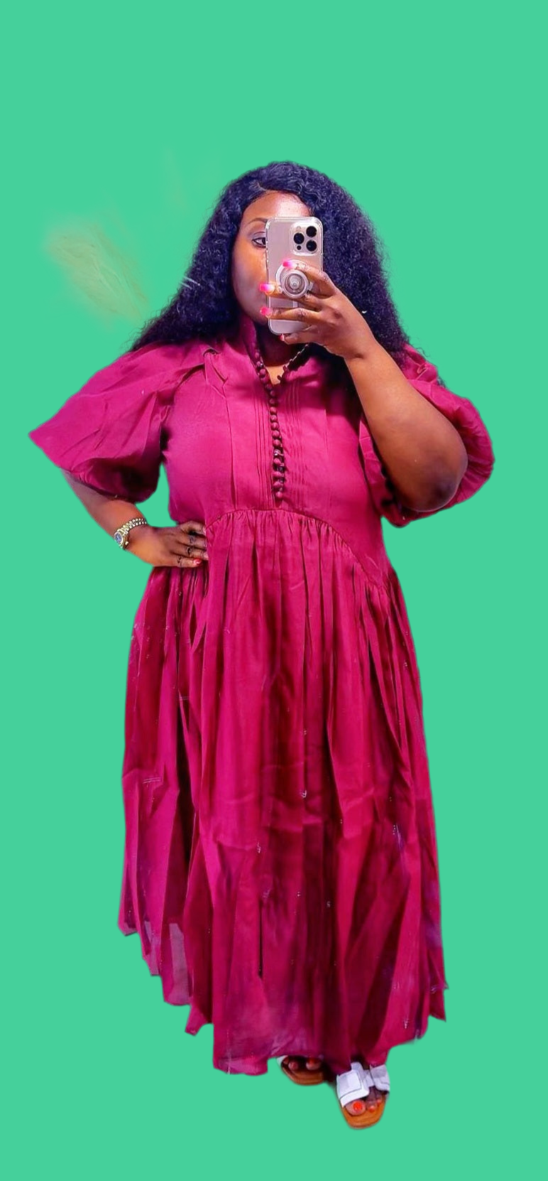 Burgundy puffy sleeves dress