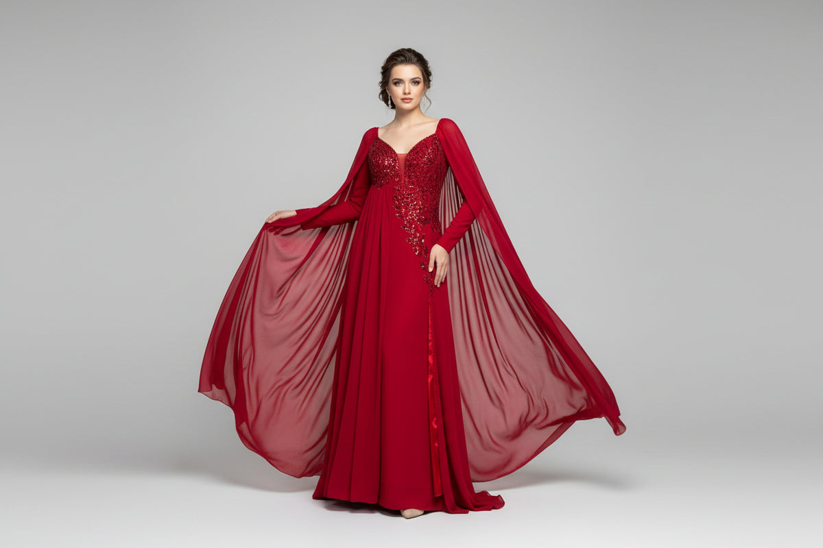 Red hand-beaded drape dress – Red Beaded Drape Dress by House of TML