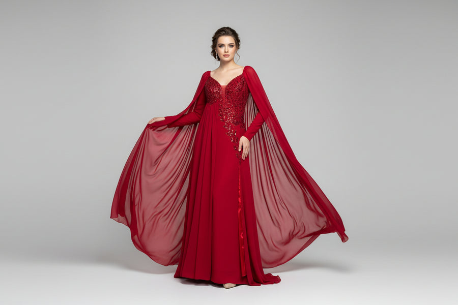 Red hand-beaded drape dress – Red Beaded Drape Dress by House of TML