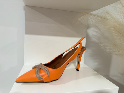 Orange pointed party heels with gold cross-cut detail – Orange Pointed Heels with Gold Cross Detail by House of TML