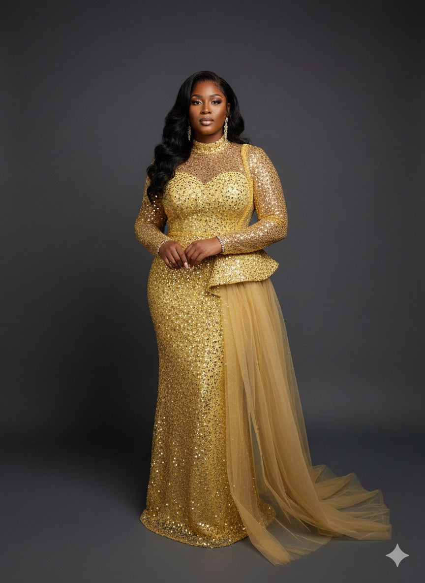 Custom couture dress with gold drape – Kao Custom Gold Drape Dress by House of TML