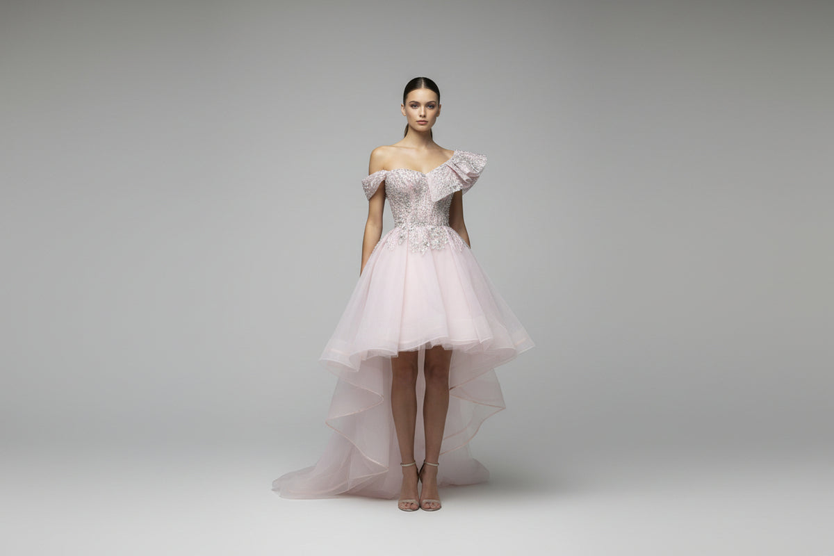 Beaded Midi Bridal Shower Dress – pink beaded short bridal shower dress, view 2 of 3