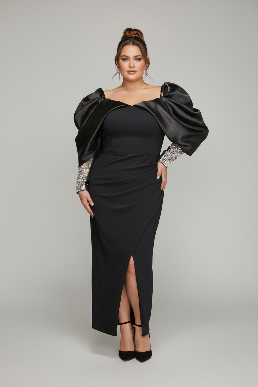 Black Dinner Dress with Beaded Sleeves – black dinner dress with silver stone sleeves, view 2 of 2