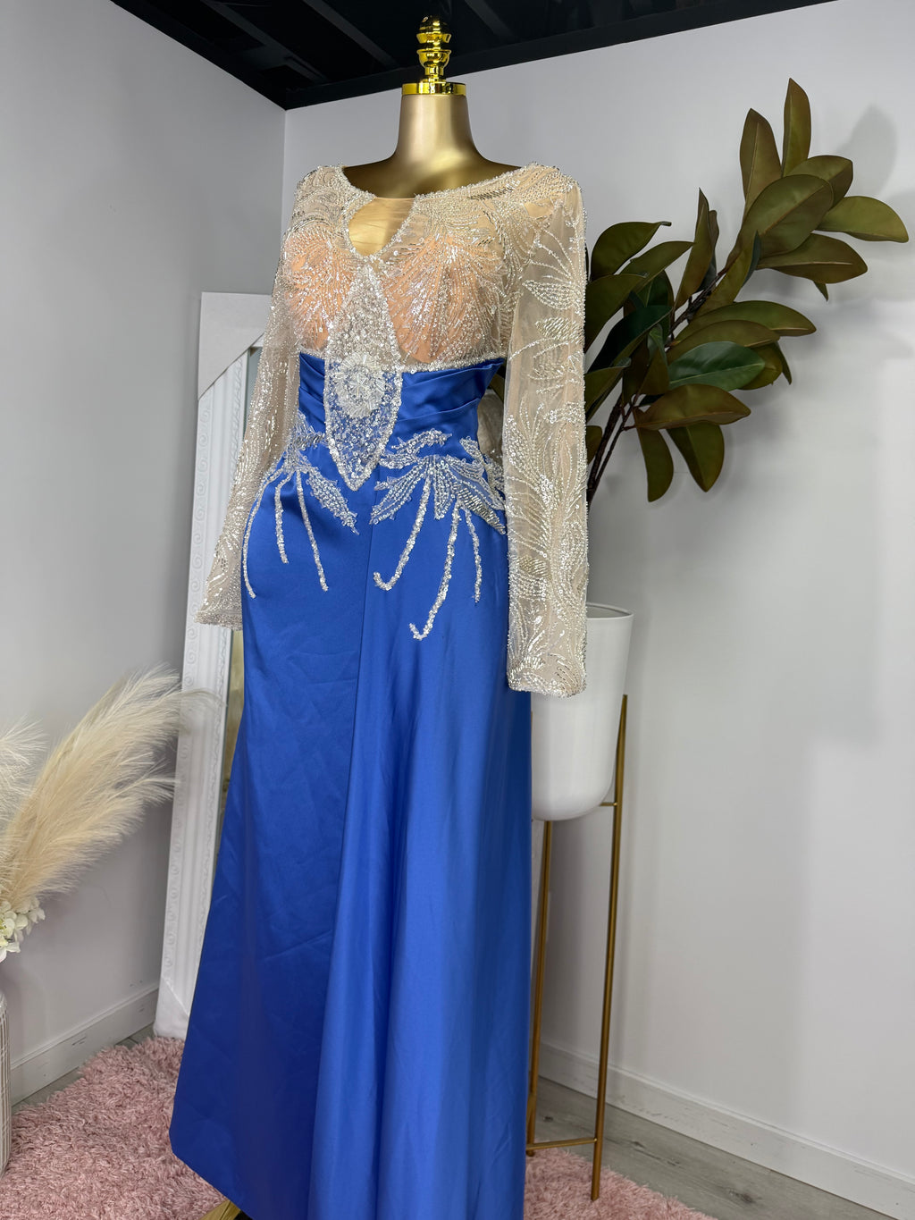 Blue Drape Dress Mesh Beaded Top