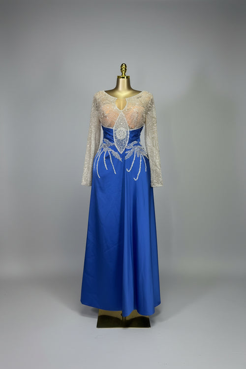 Blue Drape Dress with Beaded Mesh Top – custom blue drape dress with beaded mesh top, view 2 of 3
