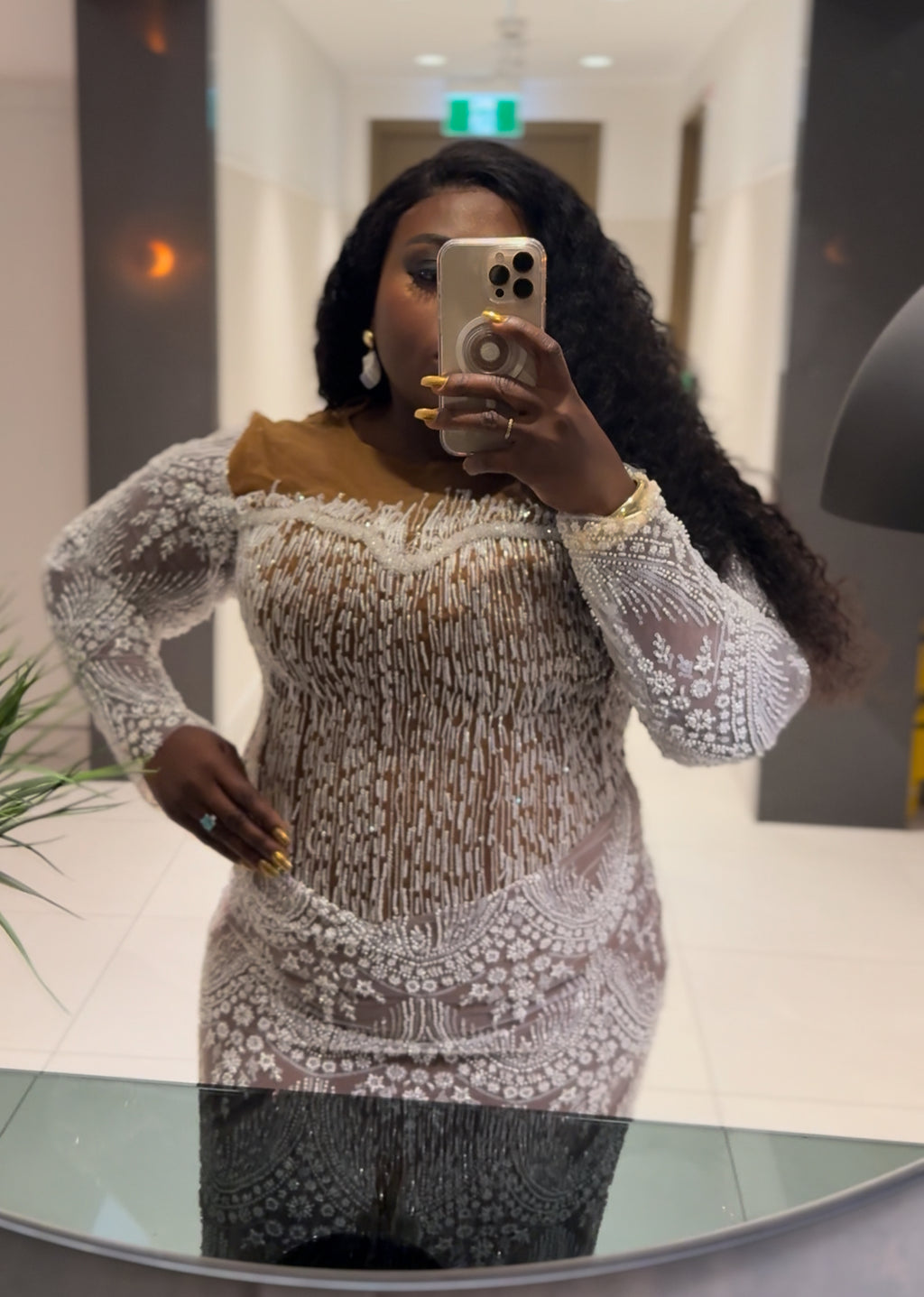 High beaded custom dress with corset boning