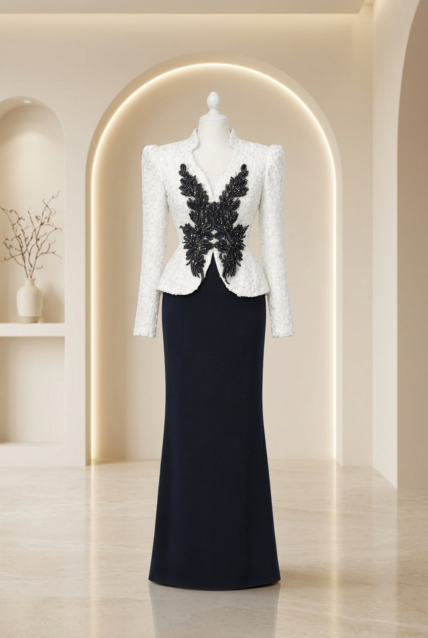 White and black sequin peplum dress with champagne details – Sequin Peplum Dress by House of TML