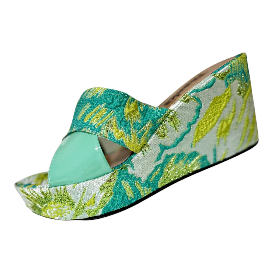 Mint green peep-toe brocade wedge heels – Mint Green Floral Brocade Wedge by House of TML