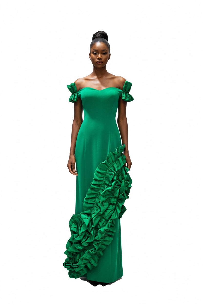 Green ruffle dress with side slit – Green Ruffle Side Slit Dress by House of TML