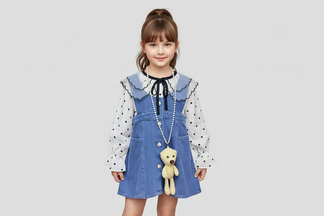 Girls’ Denim Dress Set with Polka Dot Top